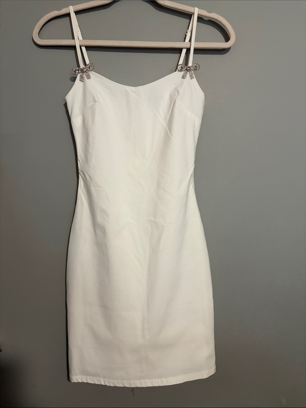 Blue Blush White Mini Dress with Crystal Bow Straps